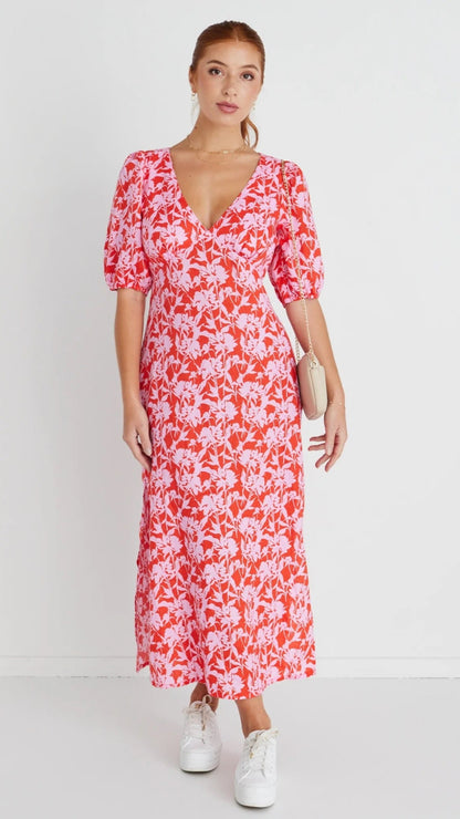 Pink Floral Shadows Midi Dress